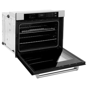 ZLINE 30 in. Professional True Convection Single Wall Oven with Air Fry and Self Clean in DuraSnow® Stainless Steel (WASS-30) side, open.