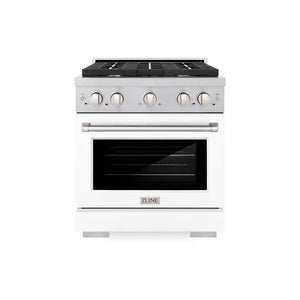 ZLINE 30 in. 4.2 cu. ft. Paramount Dual Fuel Range with 4 Burner Gas Cooktop and Electric Convection Oven in DuraSnow® Stainless Steel with White Matte Door (SDRS-WM-30) front.