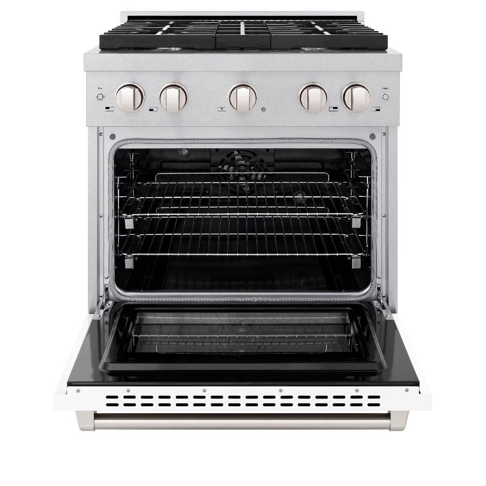 ZLINE 30 in. 4.2 cu. ft. Paramount Dual Fuel Range with 4 Burner Gas Cooktop and Electric Convection Oven in DuraSnow® Stainless Steel with White Matte Door (SDRS-WM-30) front, oven open.