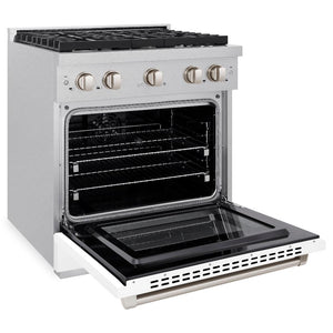 ZLINE 30 in. 4.2 cu. ft. Paramount Dual Fuel Range with 4 Burner Gas Cooktop and Electric Convection Oven in DuraSnow® Stainless Steel with White Matte Door (SDRS-WM-30) side, oven open.