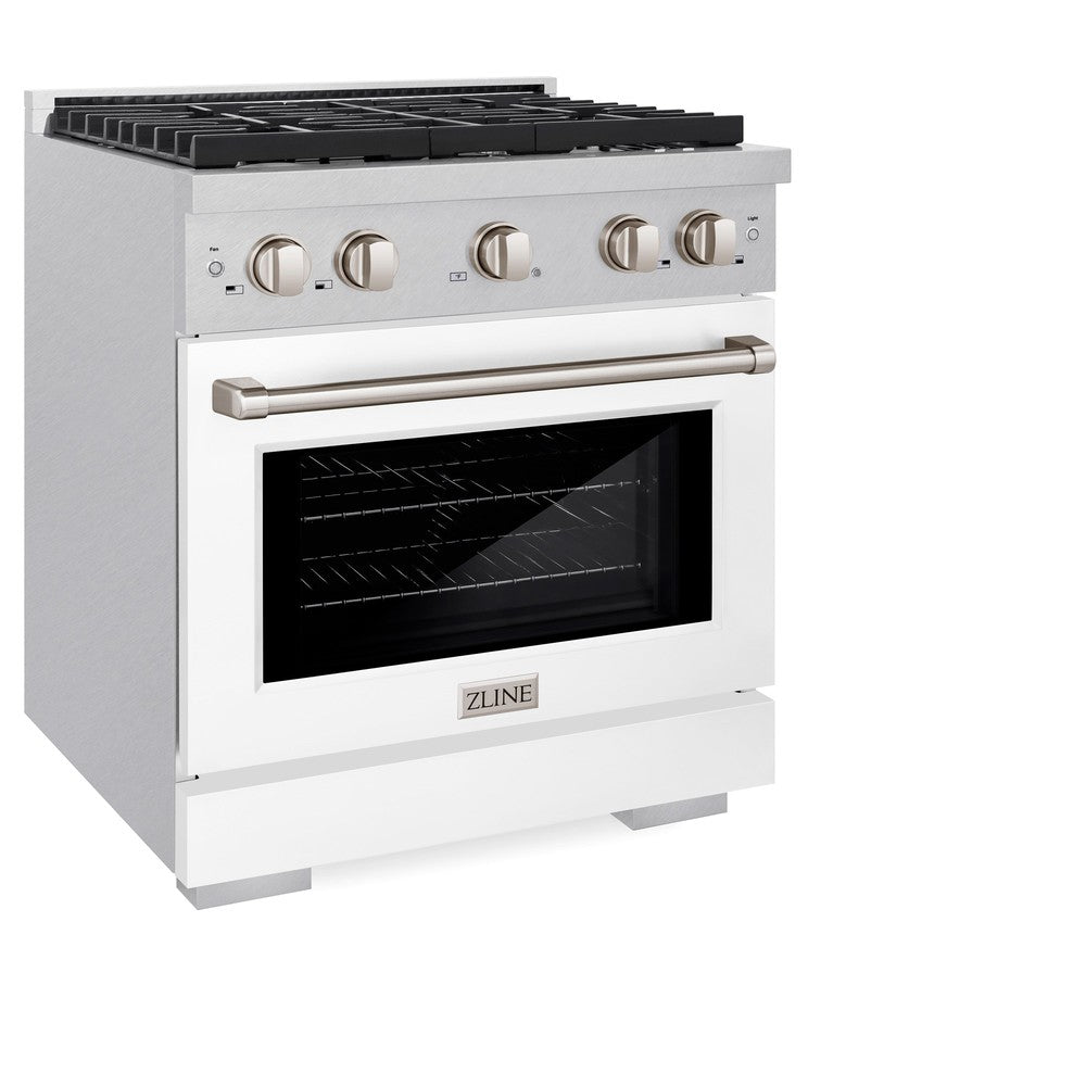 ZLINE 30 in. 4.2 cu. ft. Paramount Dual Fuel Range with 4 Burner Gas Cooktop and Electric Convection Oven in DuraSnow® Stainless Steel with White Matte Door (SDRS-WM-30) side, oven closed.