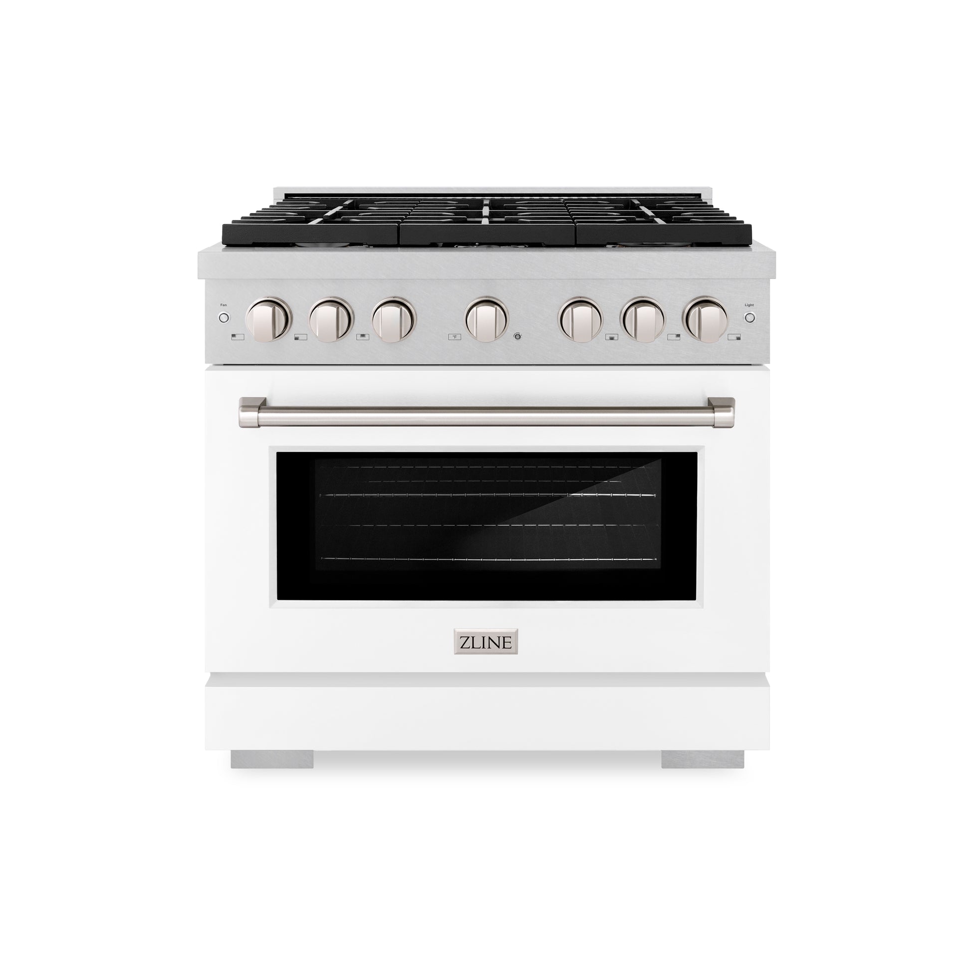 ZLINE 36 in. 5.2 cu. ft. Paramount Dual Fuel Range with 6 Burner Gas Cooktop and Electric Convection Oven in DuraSnow® Stainless Steel with White Matte Door (SDRS-WM-36) front.