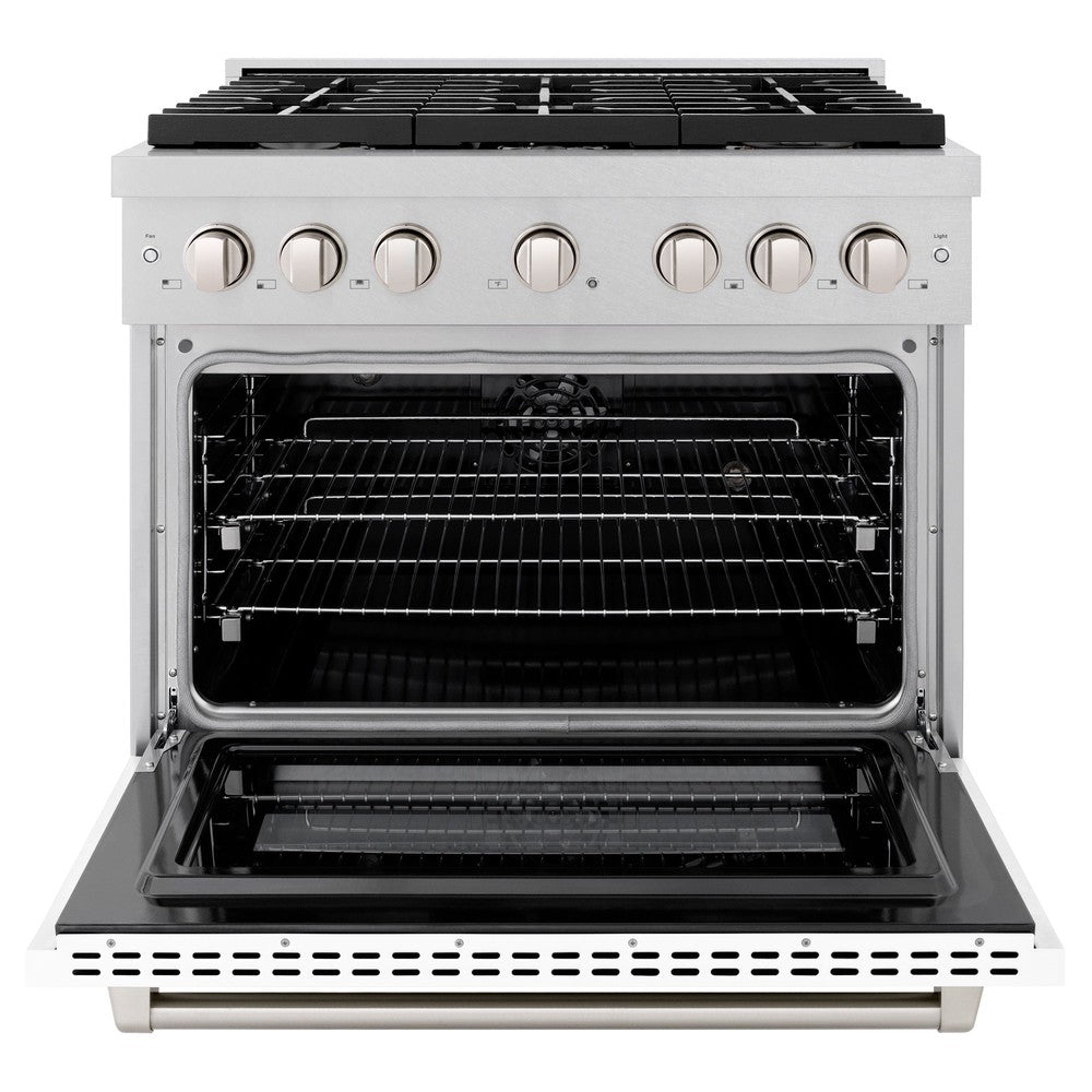 ZLINE 36 in. 5.2 cu. ft. Paramount Dual Fuel Range with 6 Burner Gas Cooktop and Electric Convection Oven in DuraSnow® Stainless Steel with White Matte Door (SDRS-WM-36) front, oven open.