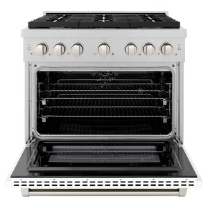 ZLINE 36 in. 5.2 cu. ft. Paramount Dual Fuel Range with 6 Burner Gas Cooktop and Electric Convection Oven in DuraSnow® Stainless Steel with White Matte Door (SDRS-WM-36) front, oven open.