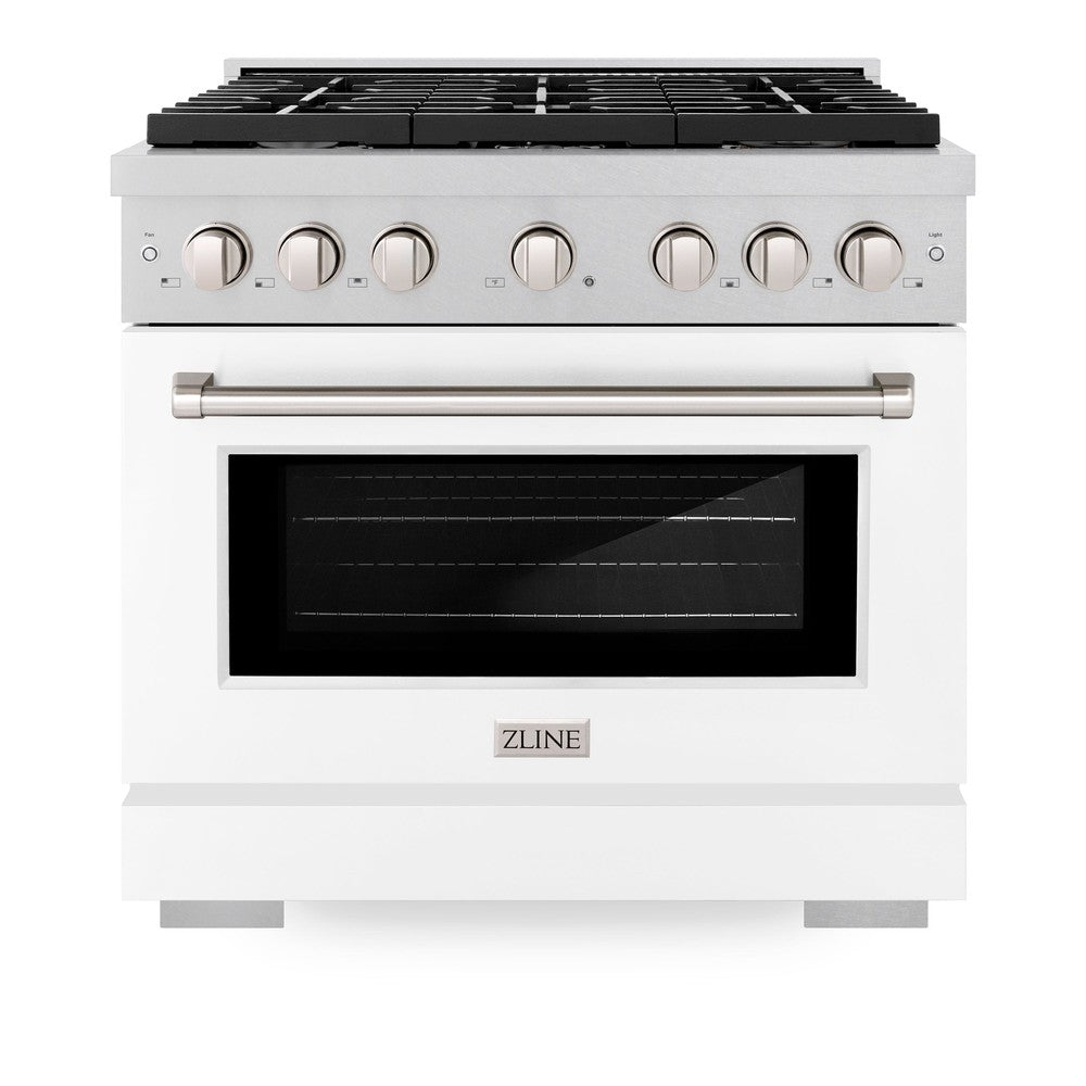 ZLINE 36 in. 5.2 cu. ft. Paramount Dual Fuel Range with 6 Burner Gas Cooktop and Electric Convection Oven in DuraSnow® Stainless Steel with White Matte Door (SDRS-WM-36) front, oven closed.