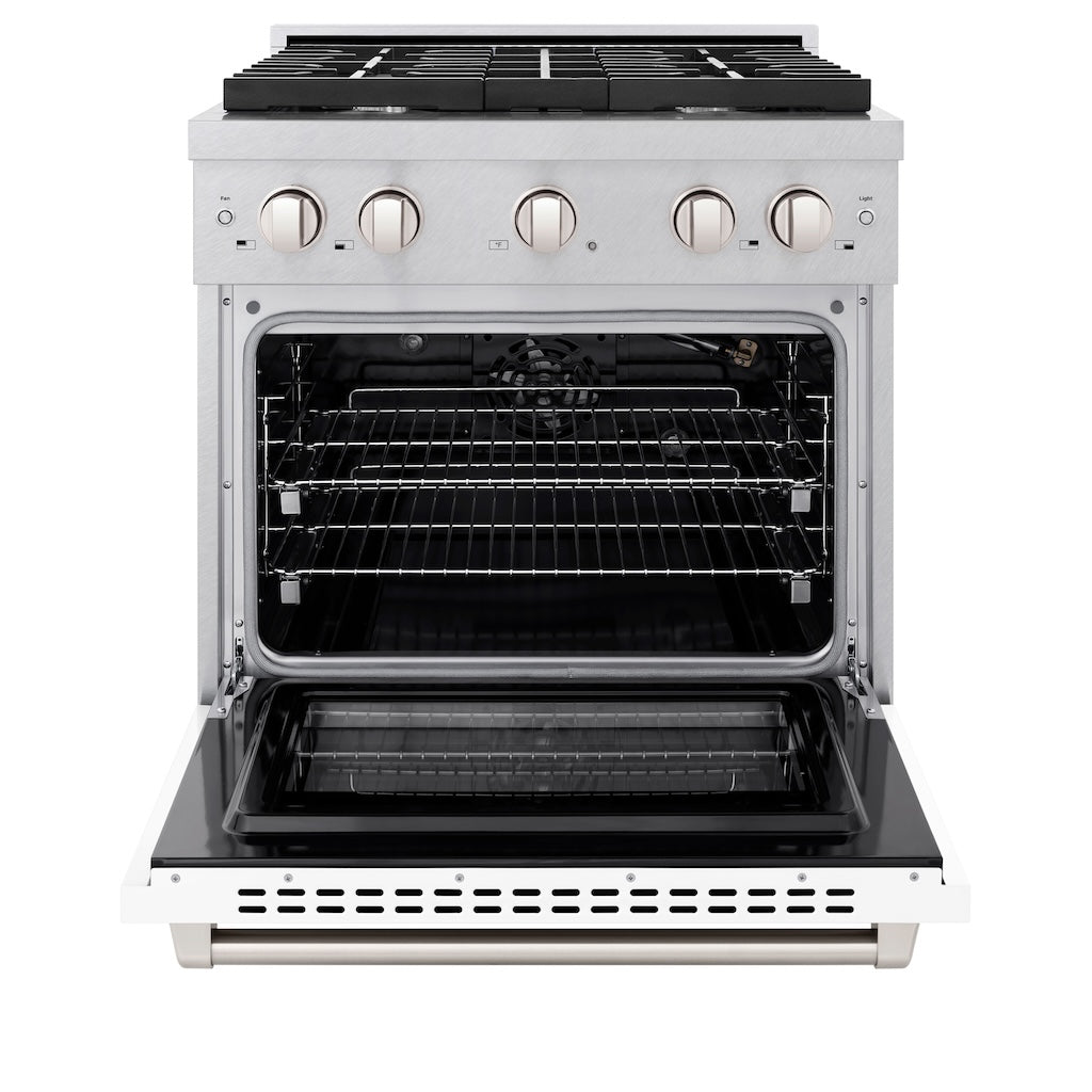 ZLINE 30 in. 4.2 cu. ft. 4 Burner Gas Range with Convection Gas Oven in DuraSnow® Stainless Steel with White Matte Door (SGRS-WM-30) front, with oven open.