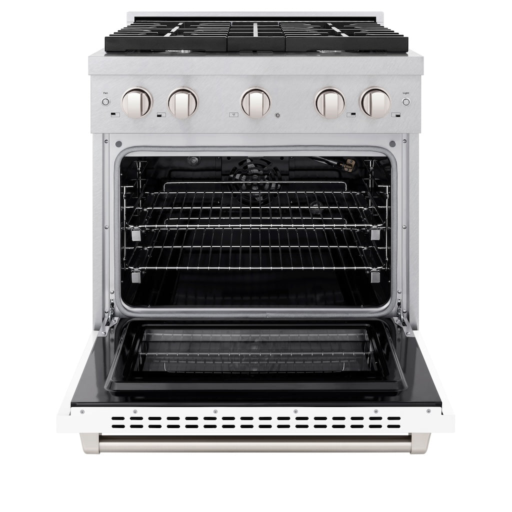 ZLINE 30 in. 4.2 cu. ft. 4 Burner Gas Range with Convection Gas Oven in DuraSnow® Stainless Steel with White Matte Door (SGRS-WM-30) front, oven open.