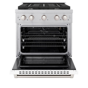 ZLINE 30 in. 4.2 cu. ft. 4 Burner Gas Range with Convection Gas Oven in DuraSnow® Stainless Steel with White Matte Door (SGRS-WM-30) front, with oven open.