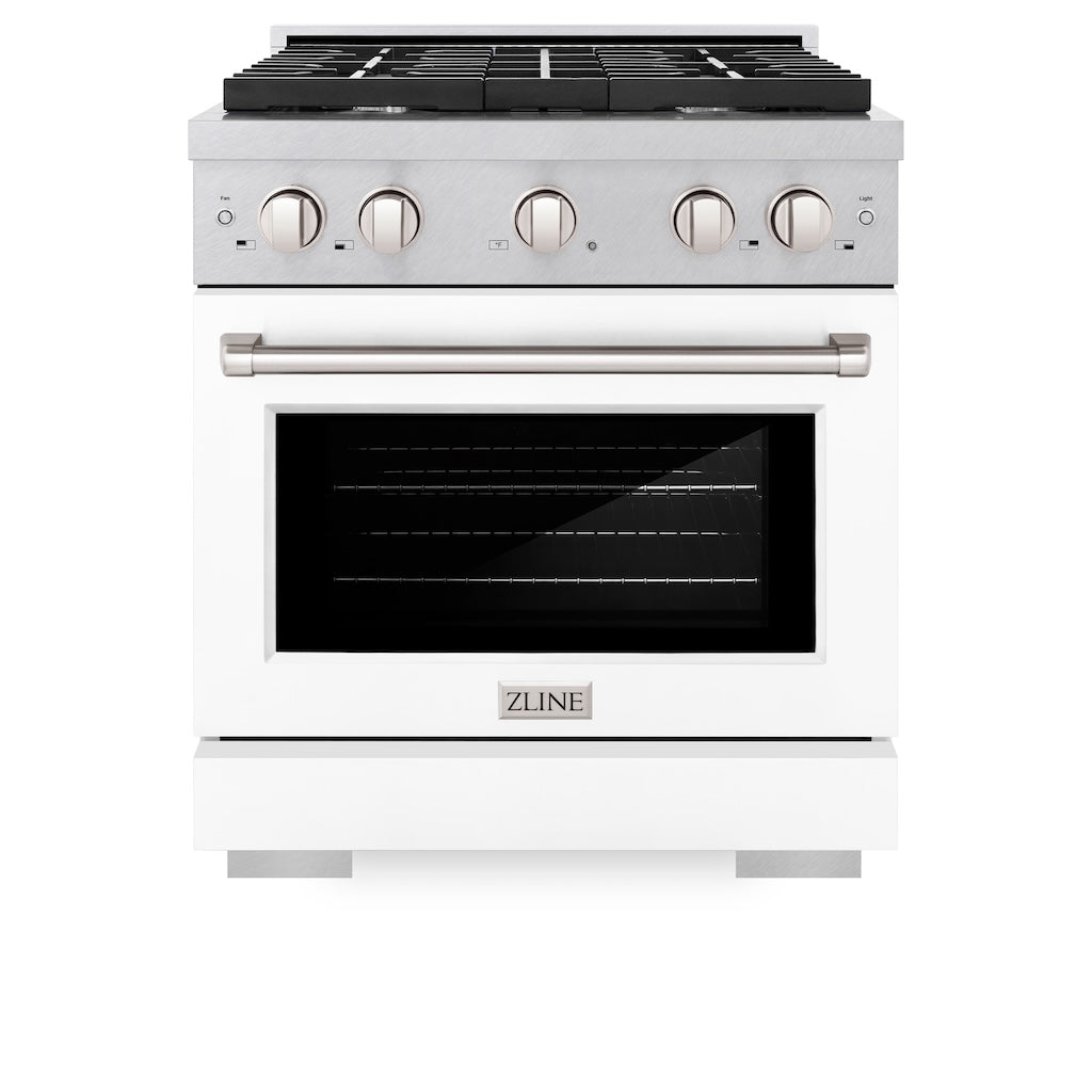ZLINE 30 in. 4.2 cu. ft. 4 Burner Gas Range with Convection Gas Oven in DuraSnow® Stainless Steel with White Matte Door (SGRS-WM-30) front, oven closed.