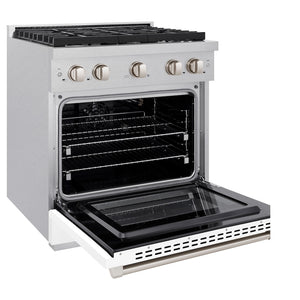 ZLINE 30 in. 4.2 cu. ft. 4 Burner Gas Range with Convection Gas Oven in DuraSnow® Stainless Steel with White Matte Door (SGRS-WM-30) side, oven open.