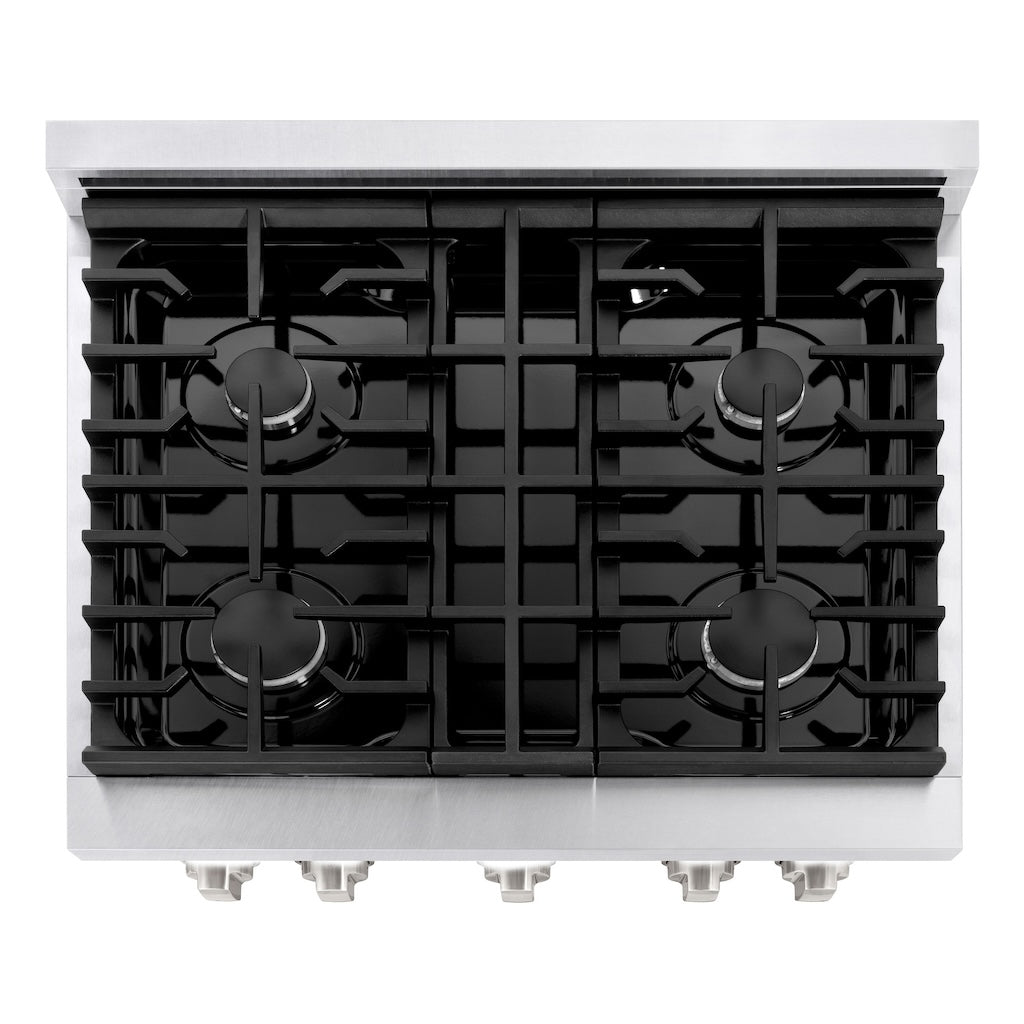 ZLINE 30 in. 4.2 cu. ft. 4 Burner Gas Range with Convection Gas Oven in DuraSnow® Stainless Steel with White Matte Door (SGRS-WM-30) from above, showing gas cooktop.