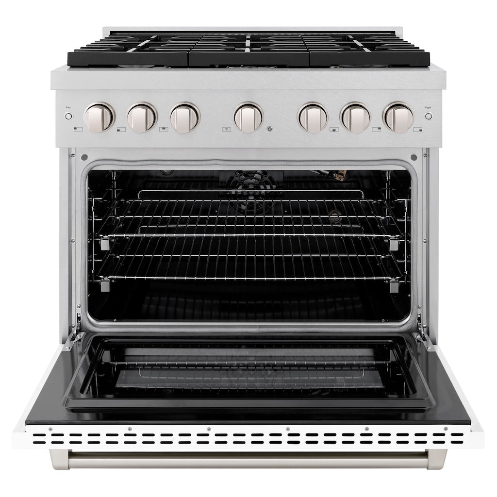 ZLINE 36 in. 5.2 cu. ft. 6 Burner Gas Range with Convection Gas Oven in DuraSnow® Stainless Steel with White Matte Door (SGRS-WM-36) front, oven open.