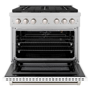 ZLINE 36 in. 5.2 cu. ft. 6 Burner Gas Range with Convection Gas Oven in DuraSnow® Stainless Steel with White Matte Door (SGRS-WM-36) front, with oven open.