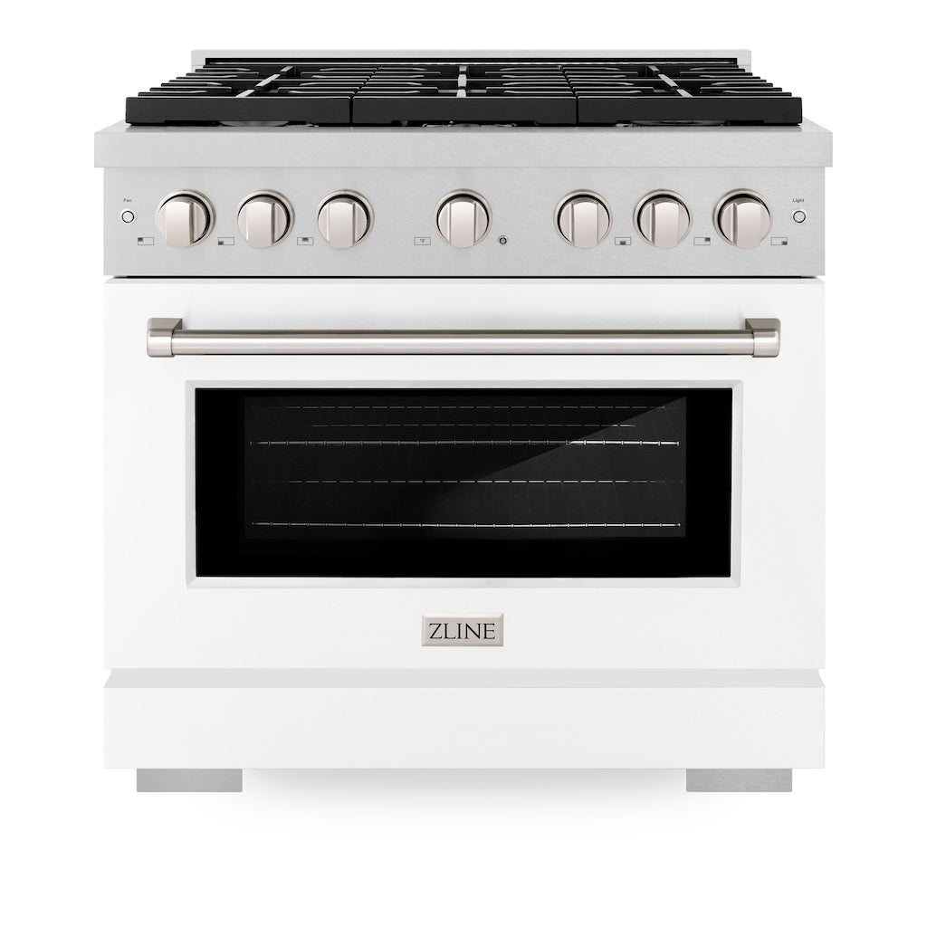 ZLINE 36 in. 5.2 cu. ft. 6 Burner Gas Range with Convection Gas Oven in DuraSnow® Stainless Steel with White Matte Door (SGRS-WM-36) front, oven closed.