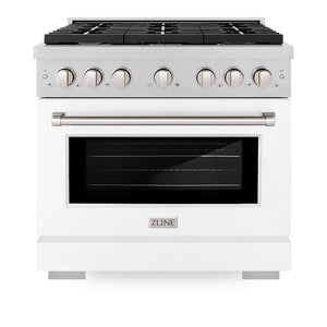 ZLINE 36 in. 5.2 cu. ft. 6 Burner Gas Range with Convection Gas Oven in DuraSnow® Stainless Steel with White Matte Door (SGRS-WM-36) front, oven closed.
