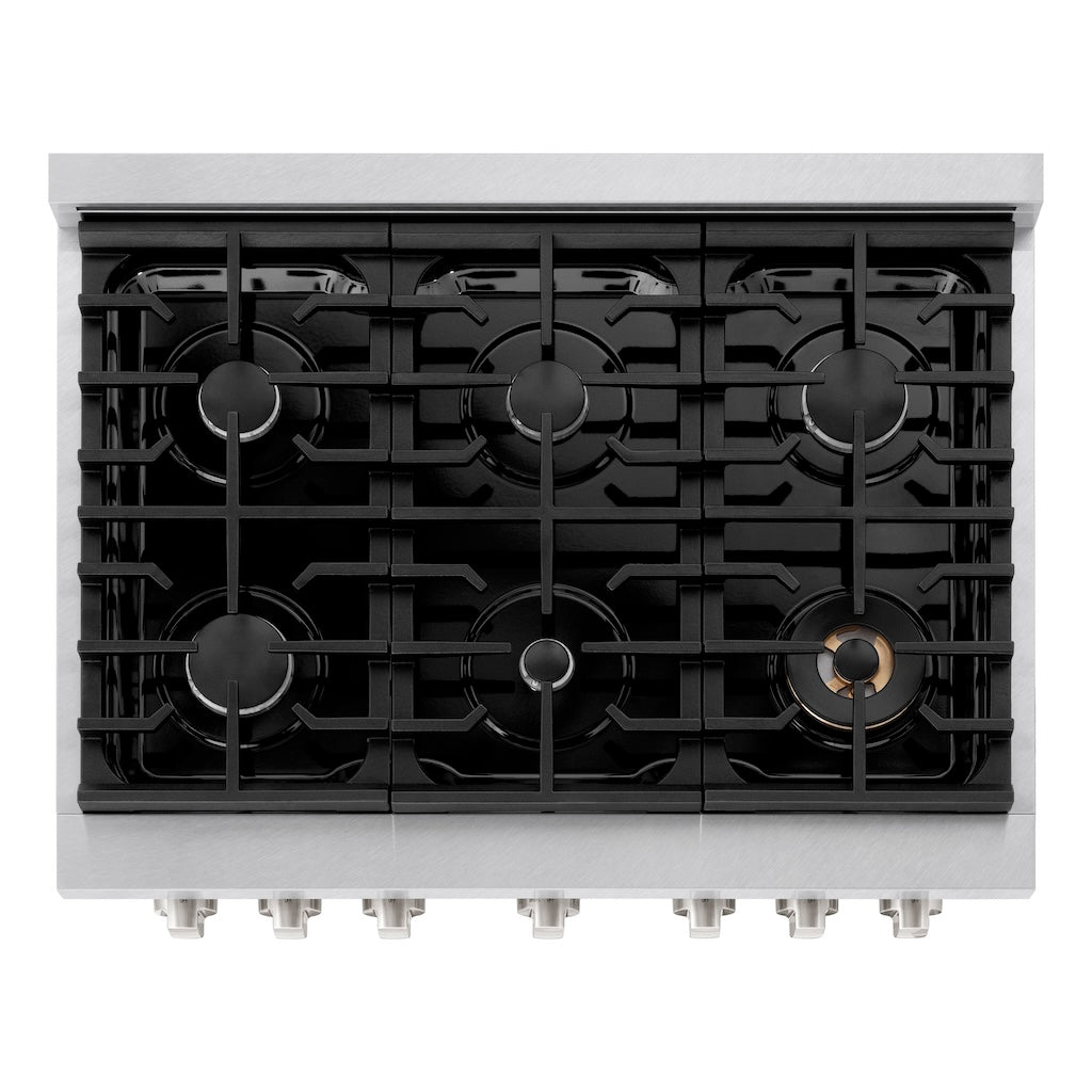ZLINE 36 in. 5.2 cu. ft. 6 Burner Gas Range with Convection Gas Oven in DuraSnow® Stainless Steel with White Matte Door (SGRS-WM-36) from above, showing gas burners, black porcelain cooktop, and cast-iron grates.
