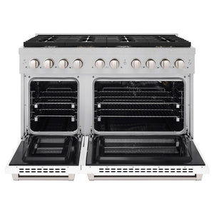 ZLINE 48 in. 6.7 cu. ft. 8 Burner Double Oven Gas Range in DuraSnow® Stainless Steel with White Matte Doors (SGRS-WM-48) front, with oven open.