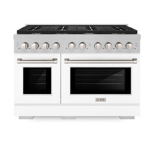 ZLINE 48 in. 6.7 cu. ft. 8 Burner Double Oven Gas Range in DuraSnow® Stainless Steel with White Matte Doors (SGRS-WM-48) front, oven closed.