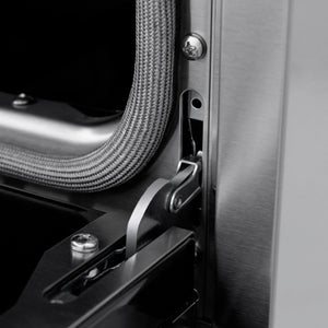 ZLINE 48 in. 6.7 cu. ft. 8 Burner Double Oven Gas Range in DuraSnow® Stainless Steel with White Matte Doors (SGRS-WM-48) StayPut oven door hinge close-up.