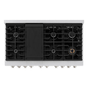 ZLINE 48 in. 6.7 cu. ft. 8 Burner Double Oven Gas Range in DuraSnow® Stainless Steel with White Matte Doors (SGRS-WM-48) from above, showing gas burners, black porcelain cooktop, and cast-iron grates.