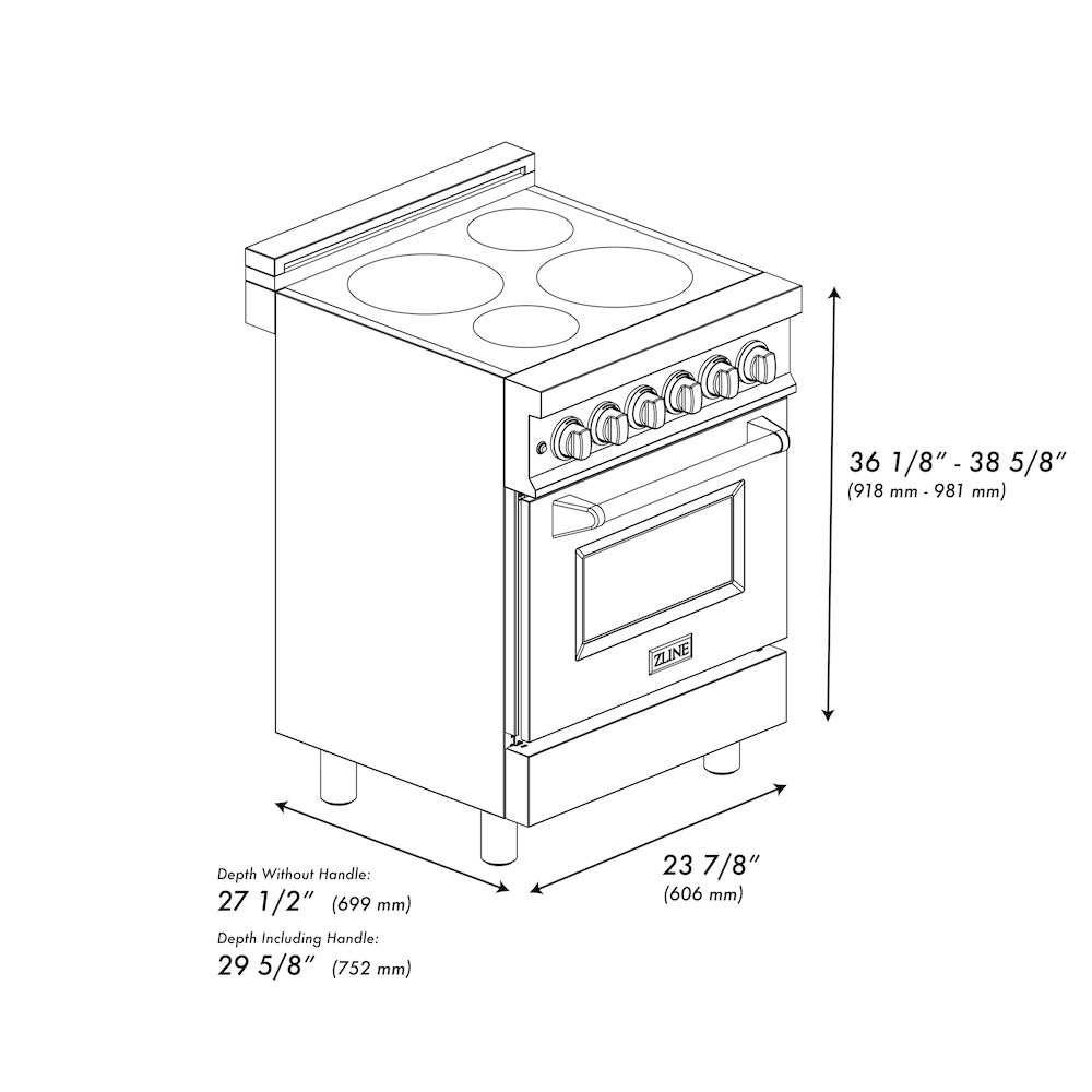 ZLINE 24 in. 2.8 cu. ft. Legacy Induction Range with 4 Element Cooktop and Electric Oven in DuraSnow® Stainless Steel and White Matte Door (RAINDS-WM-24) dimensional diagram.