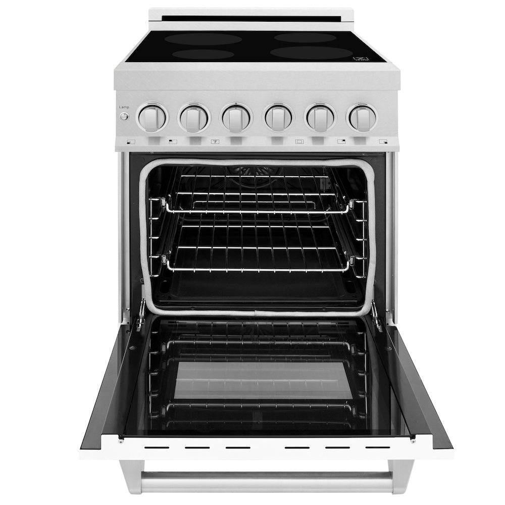 ZLINE 24 in. 2.8 cu. ft. Legacy Induction Range with 4 Element Cooktop and Electric Oven in DuraSnow® Stainless Steel and White Matte Door (RAINDS-WM-24) front, oven open.