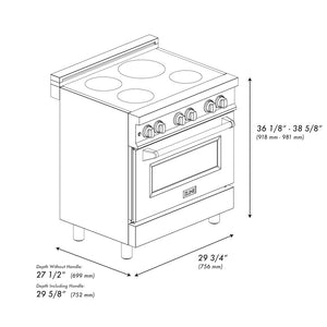 ZLINE 30 in. 4.0 cu. ft. Legacy Induction Range with 4 Element Cooktop and Electric Oven in DuraSnow® Stainless Steel and White Matte Door (RAINDS-WM-30) dimensional diagram.