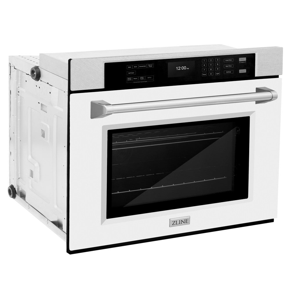 ZLINE 30 in. Professional True Convection Single Wall Oven with Air Fry and Self Clean in DuraSnow® Stainless Steel with White Matte Door (WASS-WM-30) side, closed.