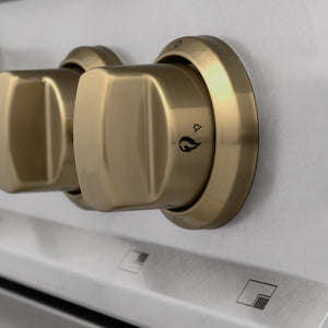 ZLINE Autograph Edition 36 in. 4.6 cu. ft. Legacy Dual Fuel Range with 6 Burner Gas Cooktop and Electric Convection Oven in Satin Stainless Steel and Champagne Bronze Accents (RASZ-SN-36-CB) cooktop and oven knobs.