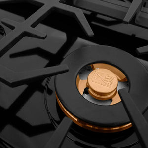 ZLINE 30 in. Gas Cooktop with 4 Brass Burners and Black Porcelain Top (RC-BR-30-PBT) large brass burner with logo.