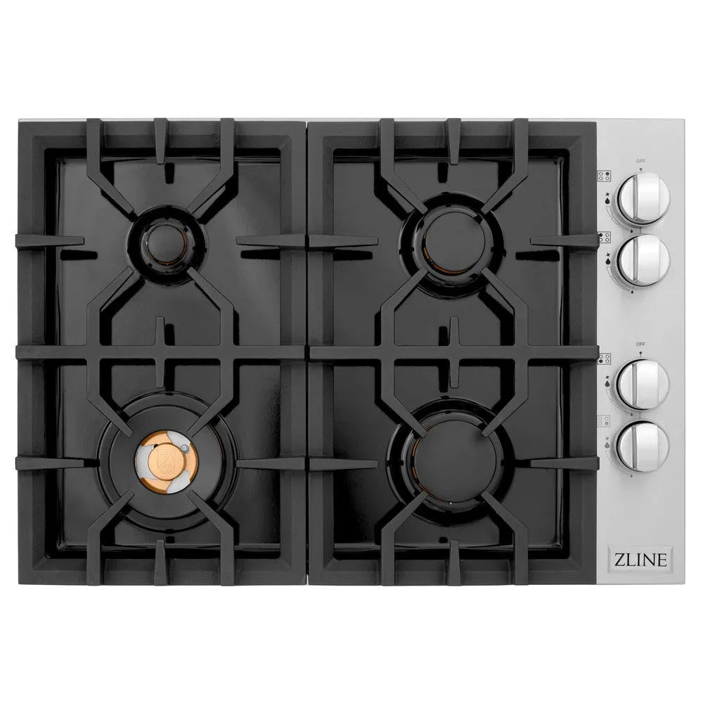 ZLINE 30 in. Gas Cooktop with 4 Brass Burners and Black Porcelain Top (RC-BR-30-PBT) overhead.