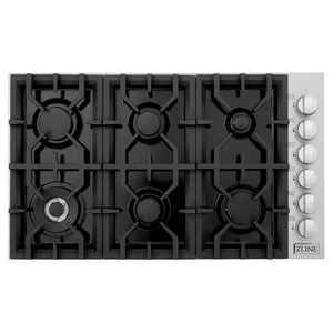 ZLINE 36 in. Gas Cooktop with 6 Burners and Black Porcelain Top (RC36-PBT) overhead, six burner cooktop.