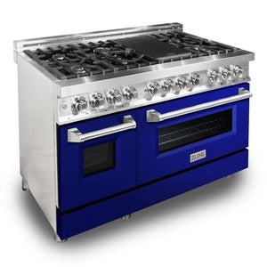 ZLINE 48 in. 6.0 cu. ft. Legacy Dual Fuel Range with 7 Burner Gas Cooktop and 2 Electric Ovens in Stainless Steel and Blue Gloss Doors (RA-BG-48) main image.