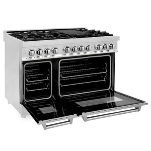 ZLINE 48 in. 6.0 cu. ft. Legacy Dual Fuel Range with 7 Burner Gas Cooktop and 2 Electric Ovens in Stainless Steel with Satin Stainless Steel Doors (RA-SN-48) side, oven open.