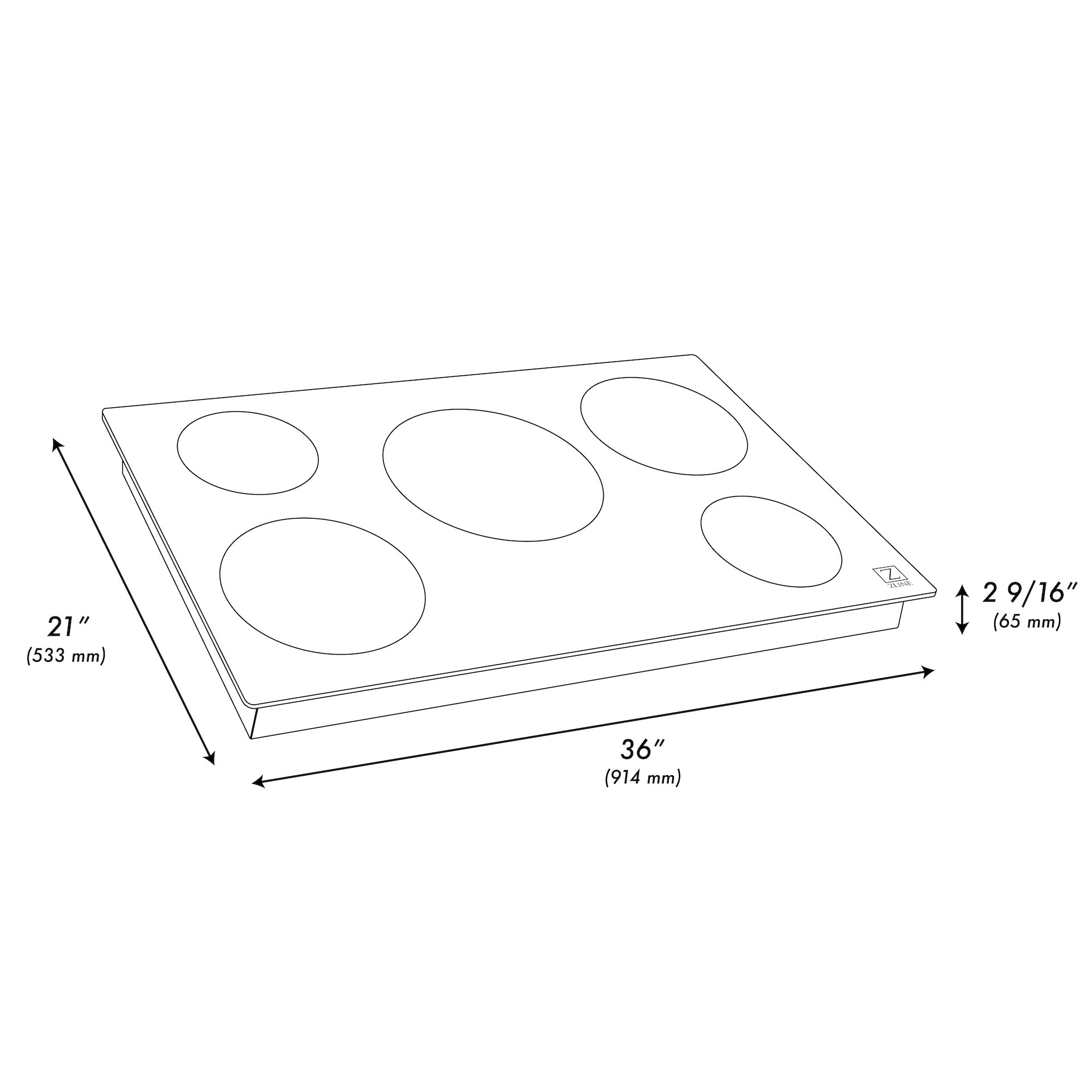 ZLINE 36 in. Induction Cooktop with 5 burners (RCIND-36) dimensional diagram with measurements.
