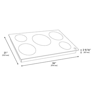 ZLINE 36 in. Induction Cooktop with 5 burners (RCIND-36) dimensional diagram with measurements.