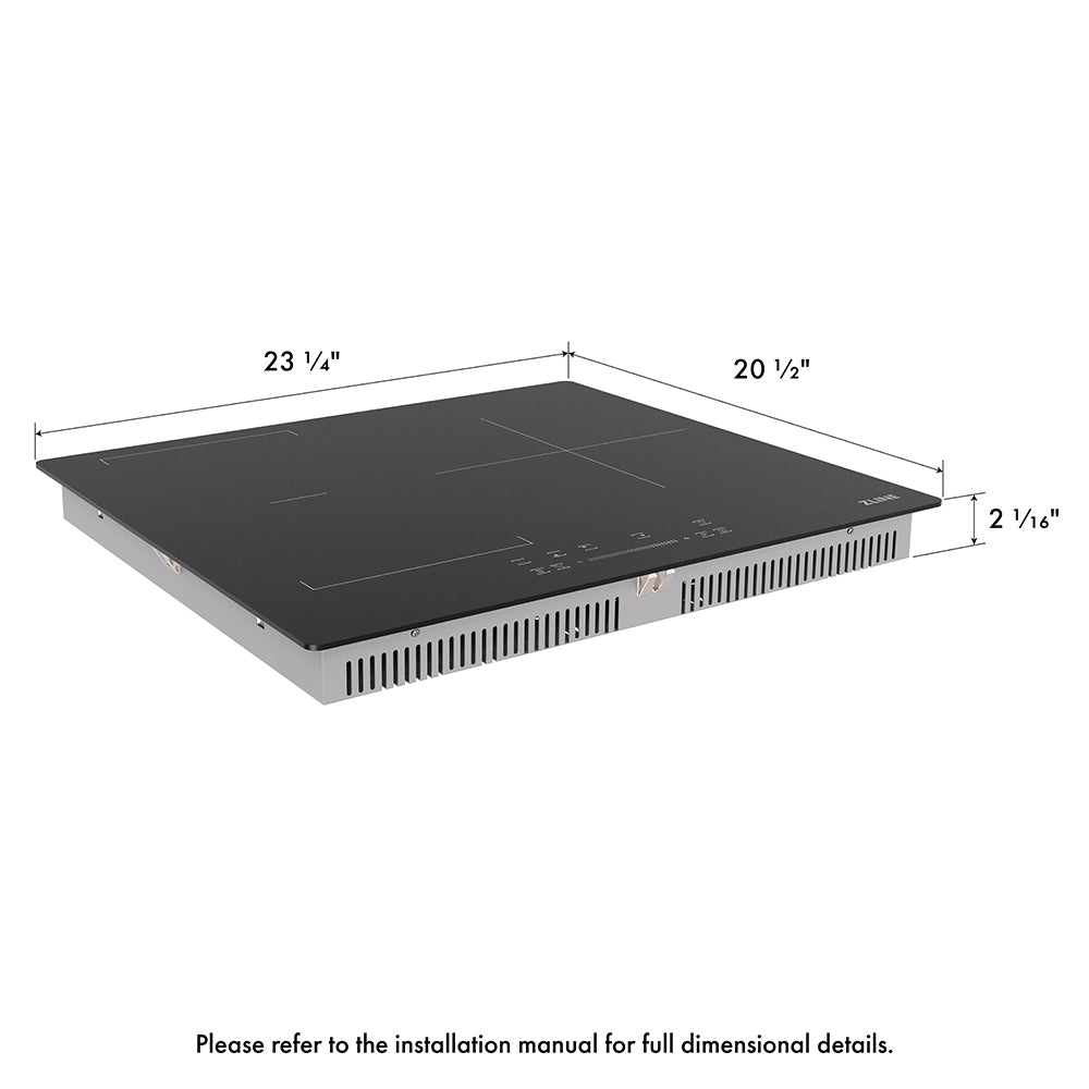 ZLINE 24 in. Induction Cooktop with Anti-Scratch Glass and 3 Elements (FCIND-24) with dimensions labeled.