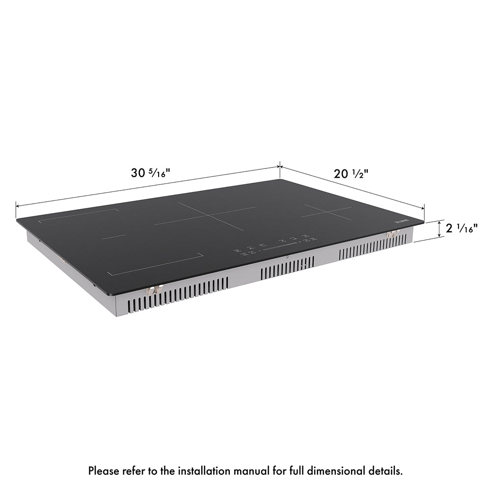 ZLINE 30 in. Induction Cooktop with Anti-Scratch Glass and 4 Elements (FCIND-30) with dimensions labeled.