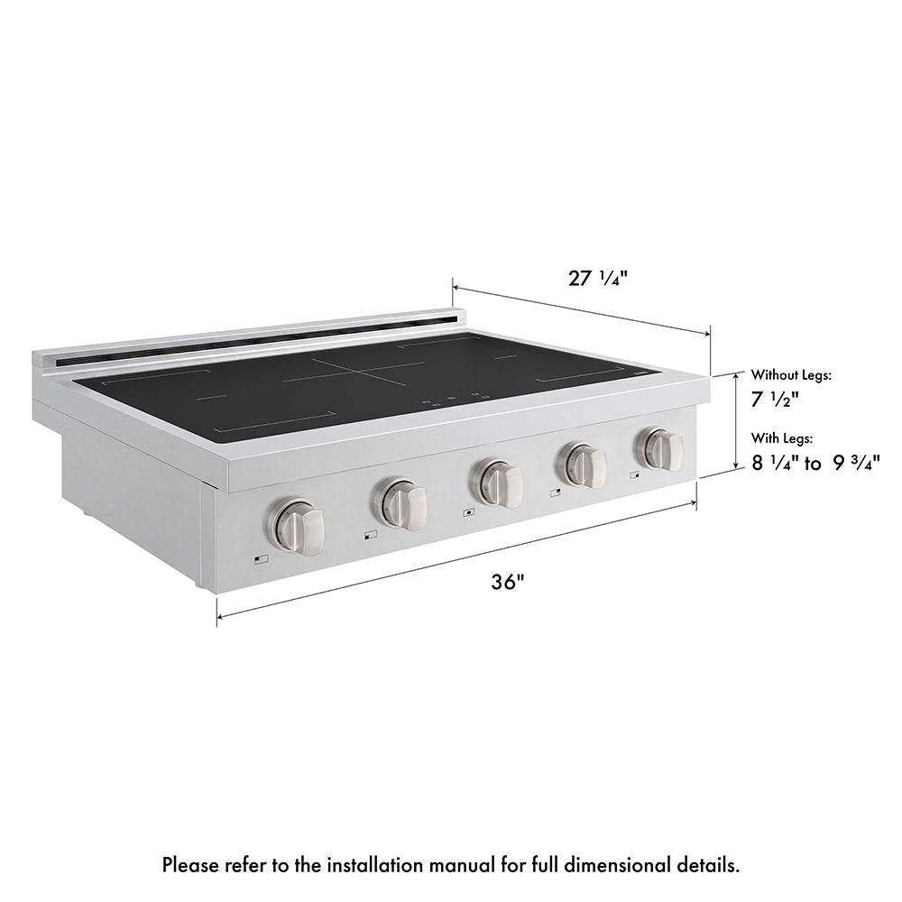 ZLINE 36 in. Paramount Induction Rangetop with 5 Element Cooktop in Stainless Steel (SINRT36) with dimensions labeled.