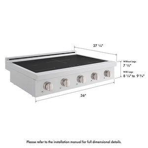 ZLINE 36 in. Paramount Induction Rangetop with 5 Element Cooktop in Stainless Steel (SINRT36) with dimensions labeled.