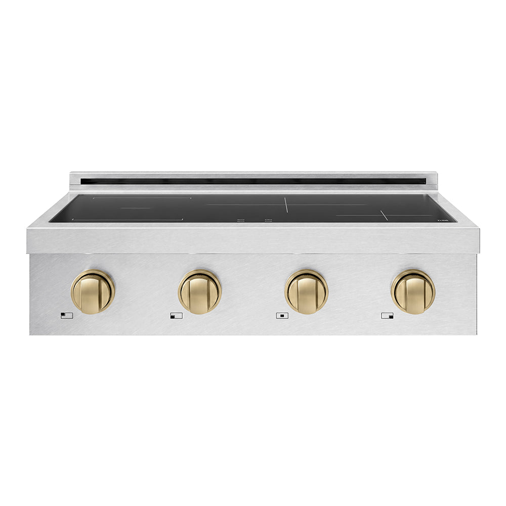 ZLINE Autograph Edition 30 in. Paramount Induction Rangetop with 4 Element Cooktop in Satin Stainless Steel and Champagne Bronze Accents (SINRTSZ-30-CB) front.