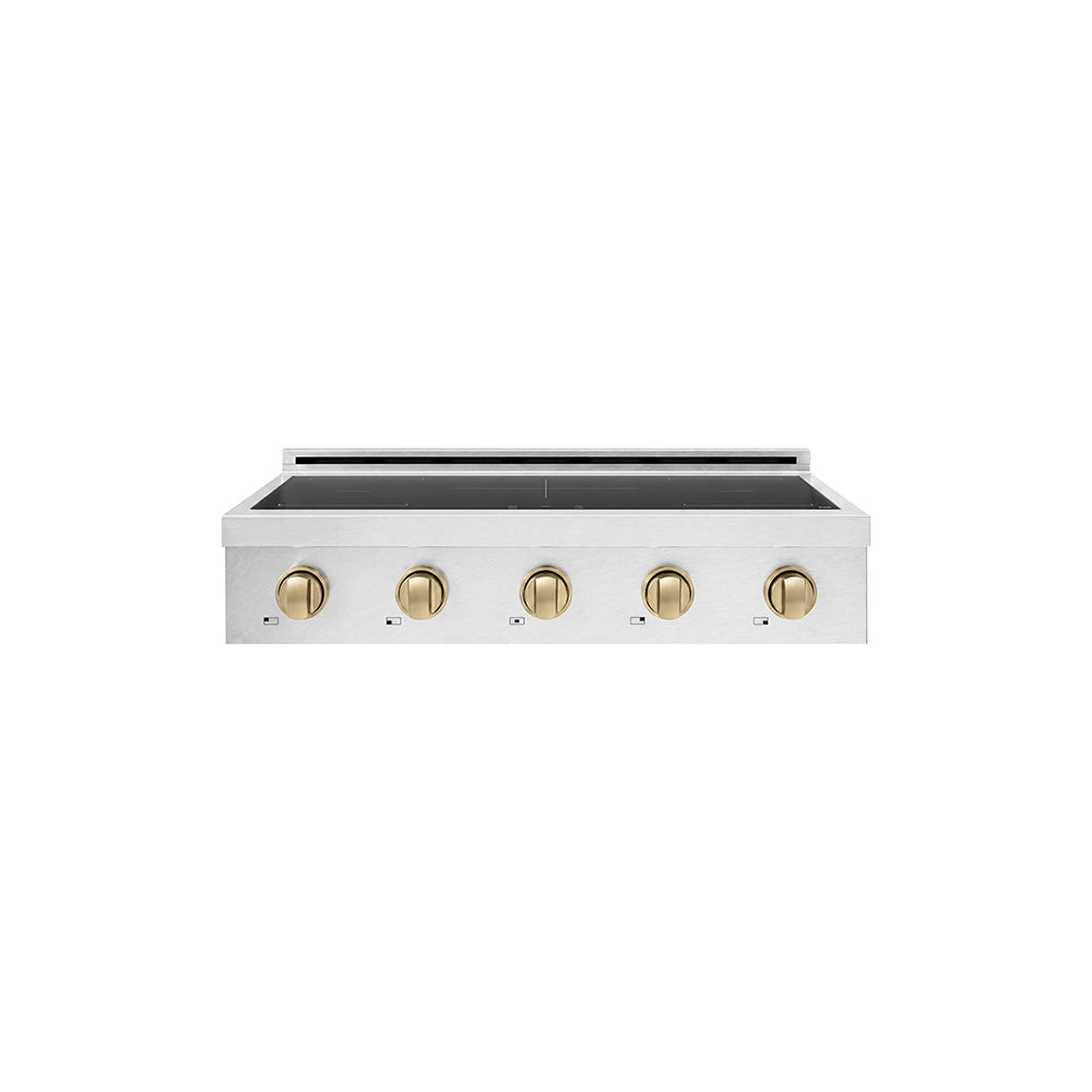 ZLINE Autograph Edition 36 in. Paramount Induction Rangetop with 5 Element Cooktop in Satin Stainless Steel and Champagne Bronze Accents (SINRTSZ-36-CB) main image.