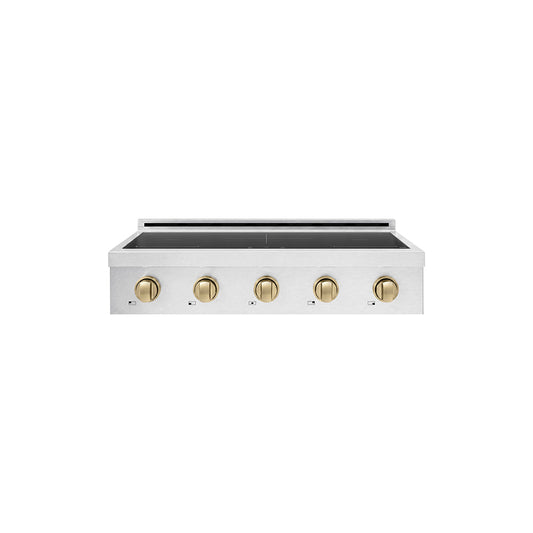 ZLINE Autograph Edition 36 in. Paramount Induction Rangetop with 5 Element Cooktop in Satin Stainless Steel and Champagne Bronze Accents (SINRTSZ-36-CB) main image.
