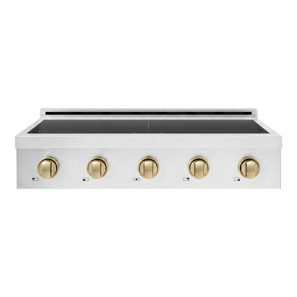 ZLINE Autograph Edition 36 in. Paramount Induction Rangetop with 5 Element Cooktop in Satin Stainless Steel and Champagne Bronze Accents (SINRTSZ-36-CB) front.
