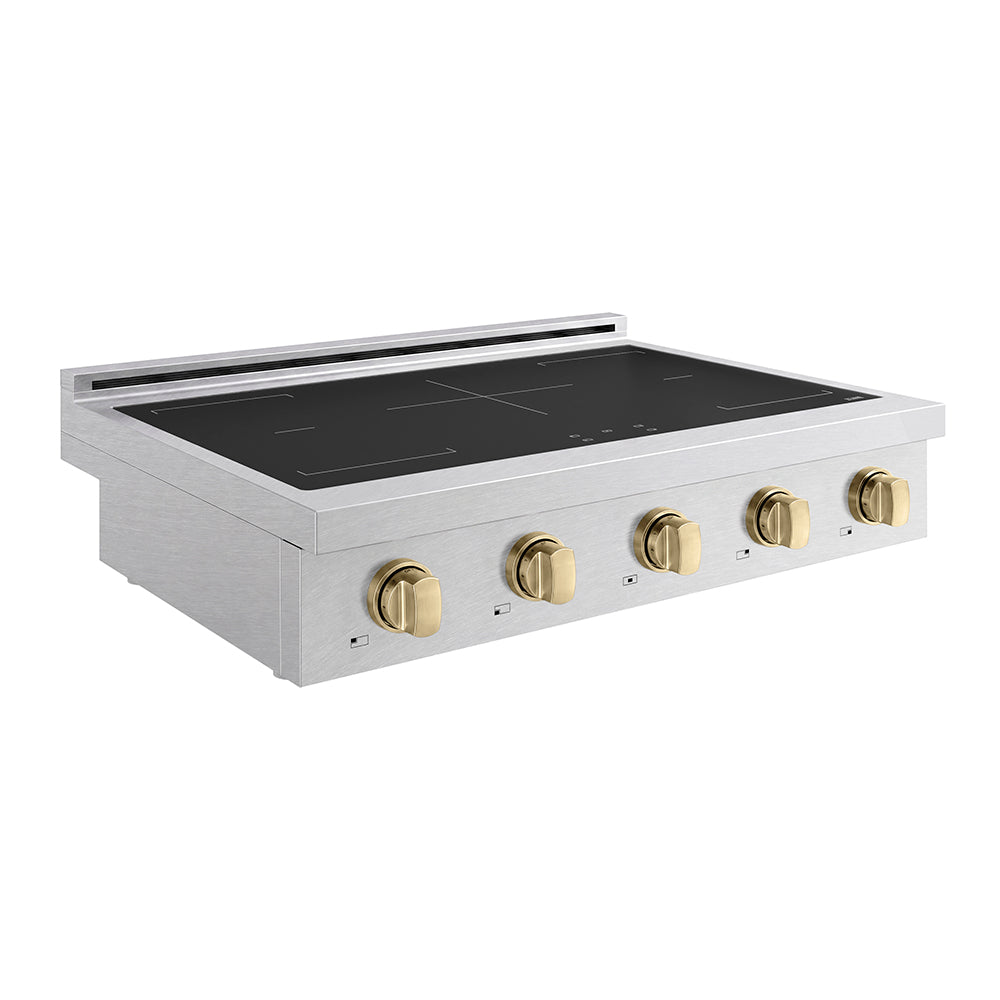 ZLINE Autograph Edition 36 in. Paramount Induction Rangetop with 5 Element Cooktop in Satin Stainless Steel and Champagne Bronze Accents (SINRTSZ-36-CB) side.