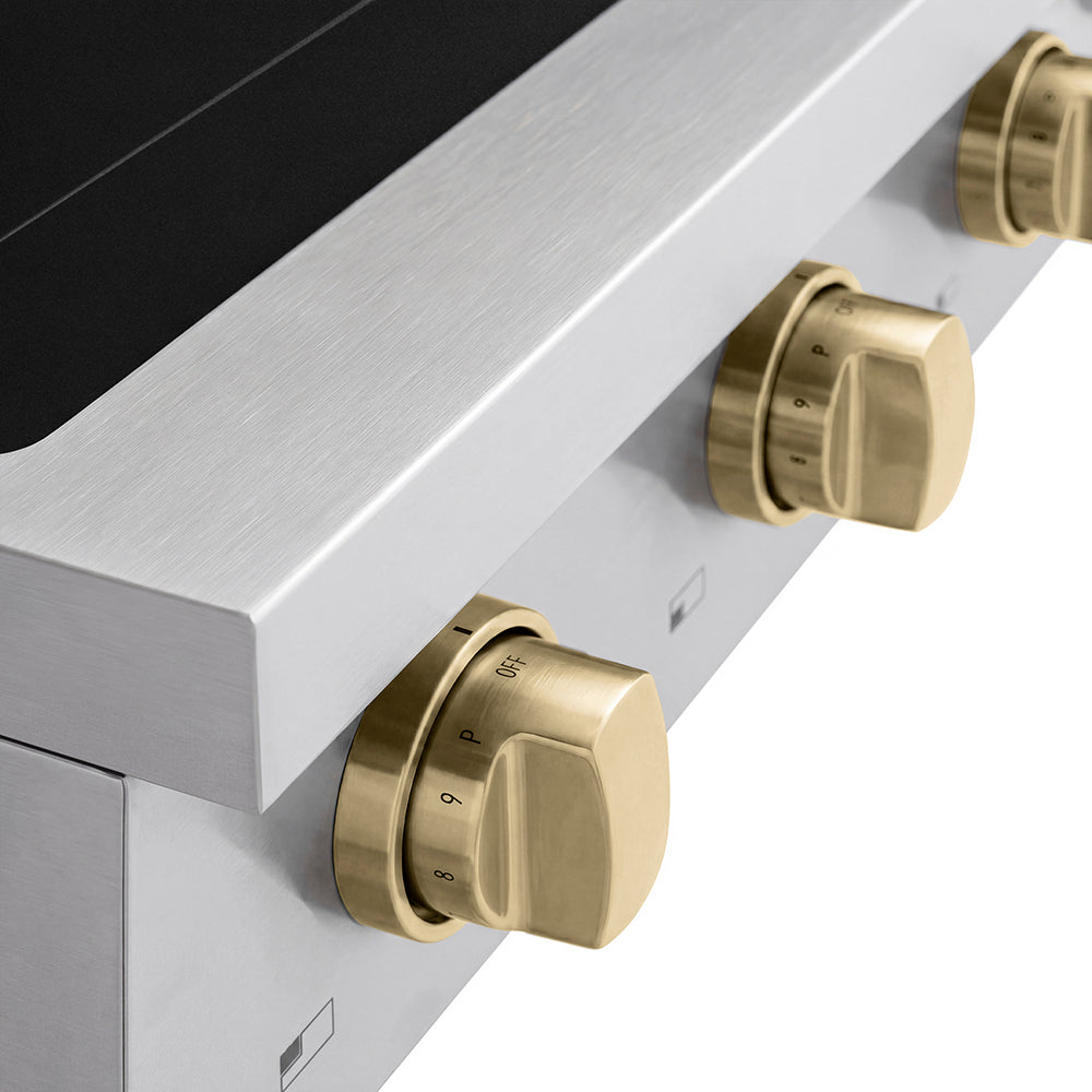 ZLINE Autograph Edition 30 in. Paramount Induction Rangetop with 4 Element Cooktop in Stainless Steel and Champagne Bronze Accents (SINRTZ-30-CB) close-up of knobs.