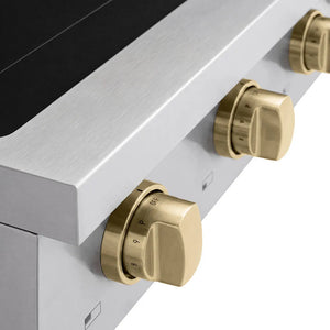 ZLINE Autograph Edition 30 in. Paramount Induction Rangetop with 4 Element Cooktop in Stainless Steel and Champagne Bronze Accents (SINRTZ-30-CB) close-up of knobs.