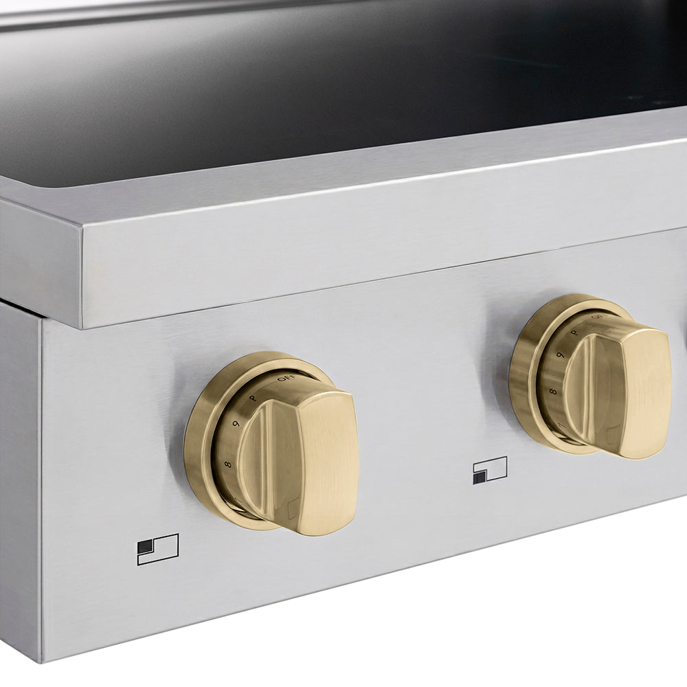 ZLINE Autograph Edition 30 in. Paramount Induction Rangetop with 4 Element Cooktop in Stainless Steel and Champagne Bronze Accents (SINRTZ-30-CB) close-up of knobs.