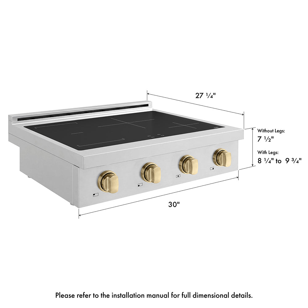 ZLINE Autograph Edition 30 in. Paramount Induction Rangetop with 4 Element Cooktop in Stainless Steel and Champagne Bronze Accents (SINRTZ-30-CB) with dimensions labeled.