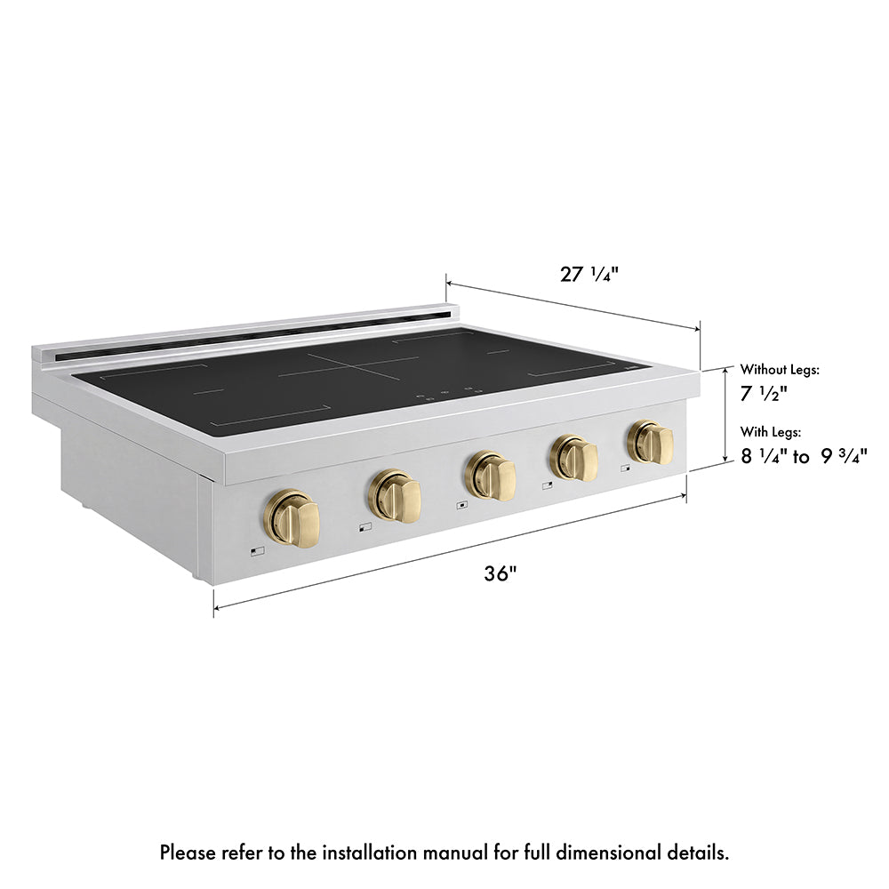 ZLINE Autograph Edition 36 in. Paramount Induction Rangetop with 5 Element Cooktop in Stainless Steel and Champagne Bronze Accents (SINRTZ-36-CB) with dimensions labeled.